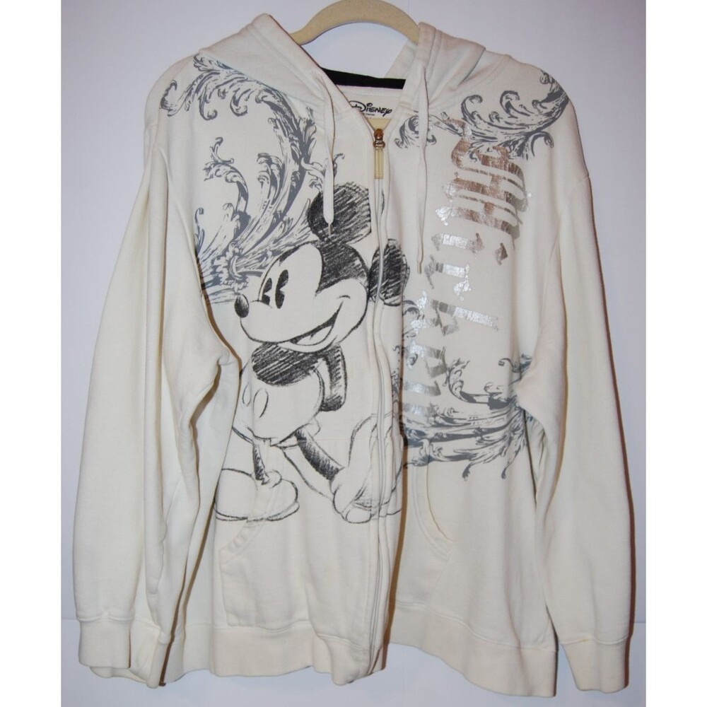 Disney Sweatshirt Full Zip Hoodie Kangaroo Pockets Cream Silver Metallic 2X
